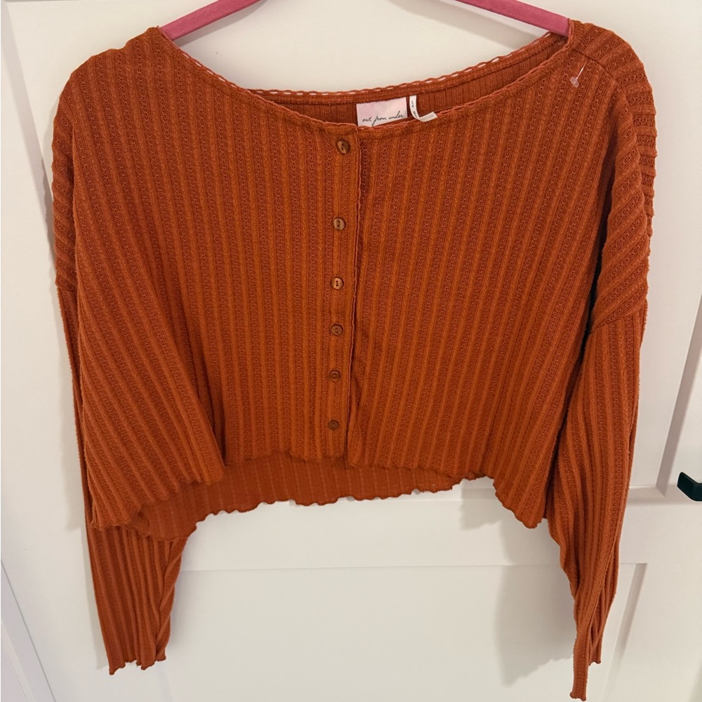Out From Under Urban Outfitters Rust Orange Ribbed Crop L Button Long Sleeve